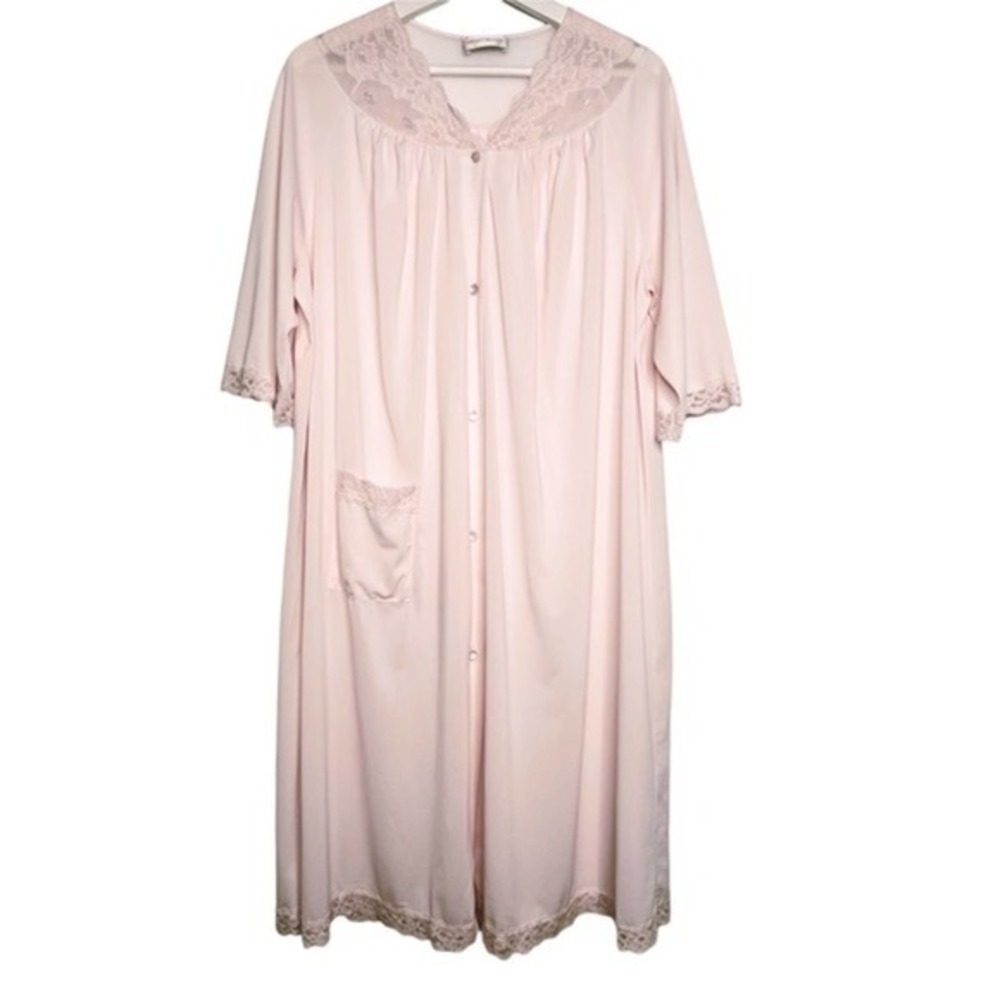 Shadowline‎ Vintage Robe Nylon Short Sleeve Button Fromt Lace Trim Size Large